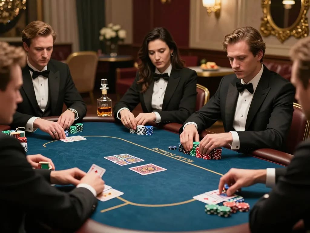 A group of players engaged in a high-stakes game at nhà cái go8 VIP poker room, showcasing intense focus and strategic gameplay.