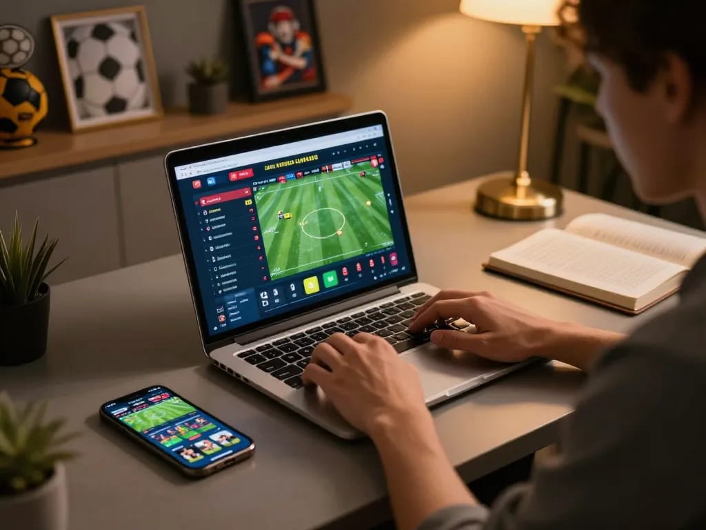 Person engaging with llwin's online sports betting interface, emphasizing strategy and live odds.