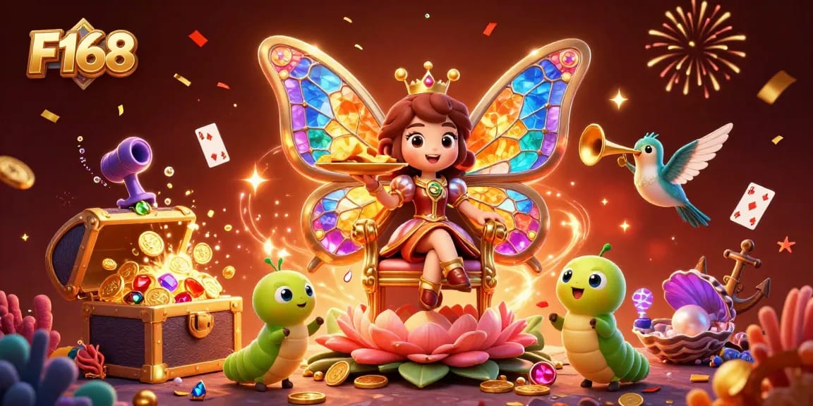 Experience thrilling gameplay at F168 with vibrant 3D elements showcasing a butterfly queen, chips, and gems.