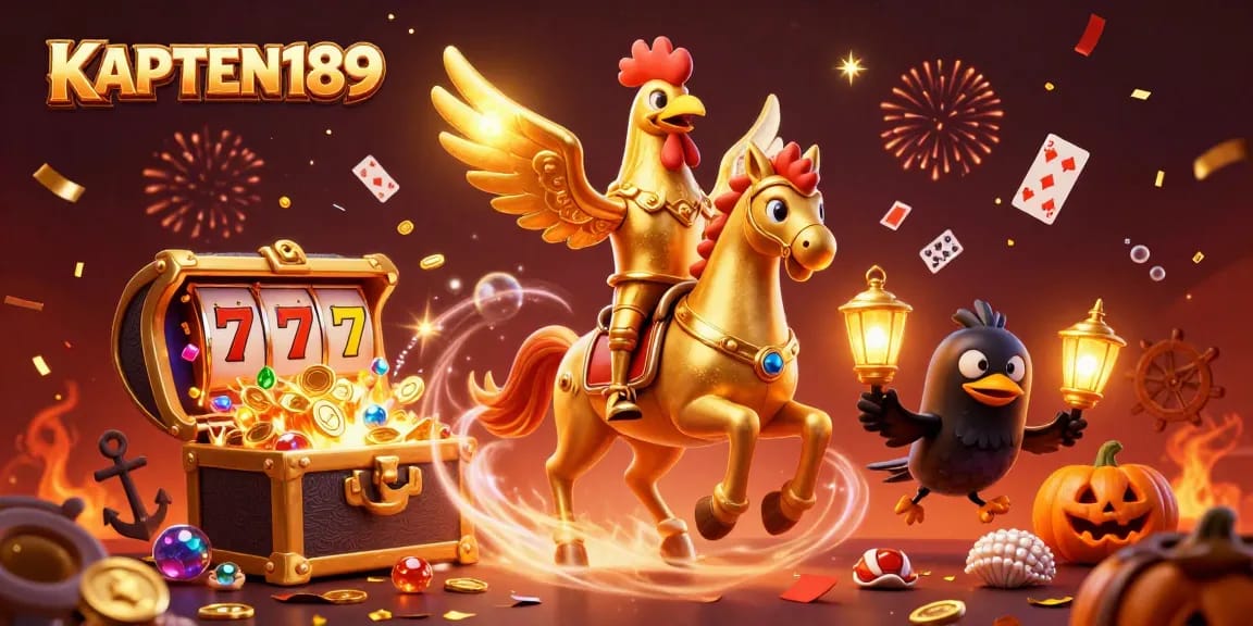 KAPTEN189 menghadirkan kasino online dengan simbol slot berkilauan dalam ilustrasi 3D yang menarik.