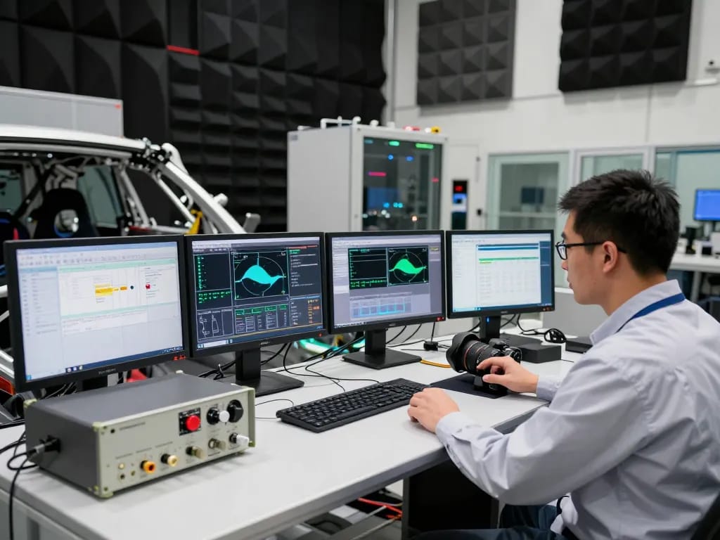 Expert engineer performing Vehicl emc testing in advanced automotive lab environment with high-tech equipment.