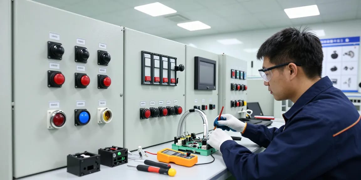 Technician examining panel switches and circuit boards in a modern manufacturing facility, showcasing advanced electronics.