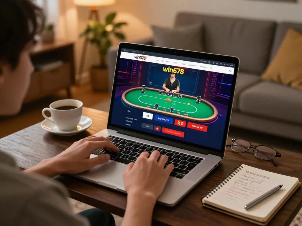 Engaging gameplay at win678 online casino, featuring a player focused on poker on a laptop in a cozy home setting.
