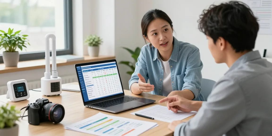 Consultant explains big 6 energy suppliers options to a business owner in a bright office.