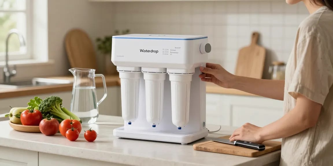 Waterdrop Plus EDR3RXD1 Replacement for Everydrop® Filter 3 in a kitchen, illustrating easy filter replacement for clean water.