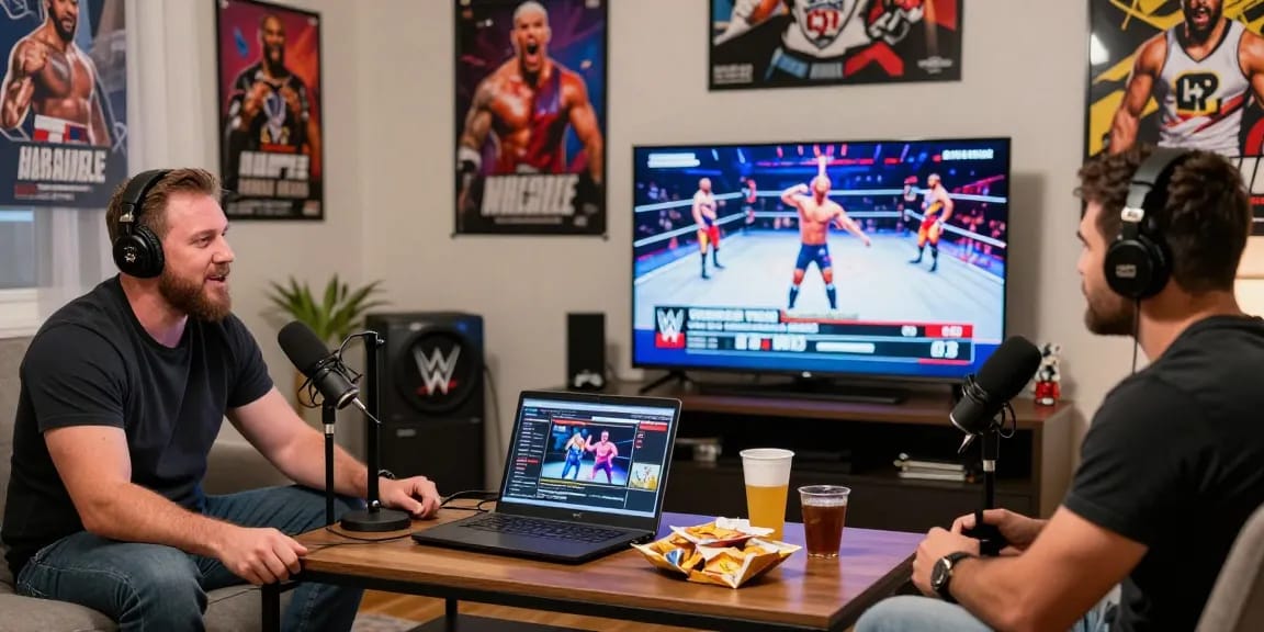 Dynamic discussion about wrestling news on Still Real To Us podcast with memorabilia and lively atmosphere.