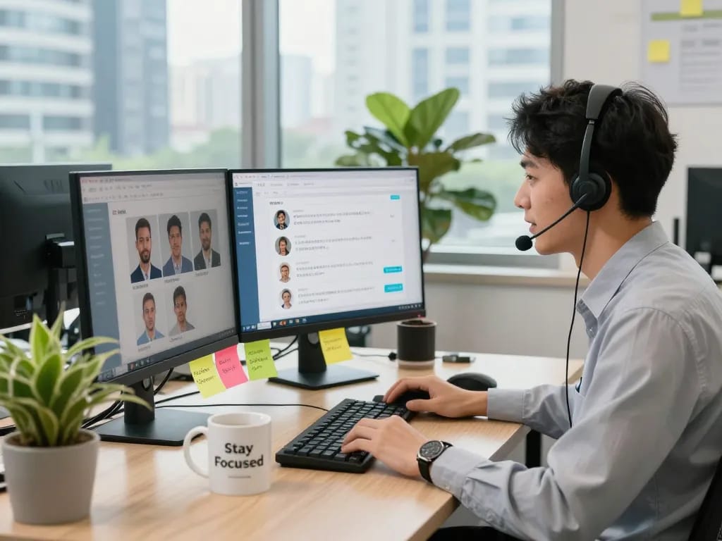 客户服务代表在现代办公室使用易翻译进行实时翻译。