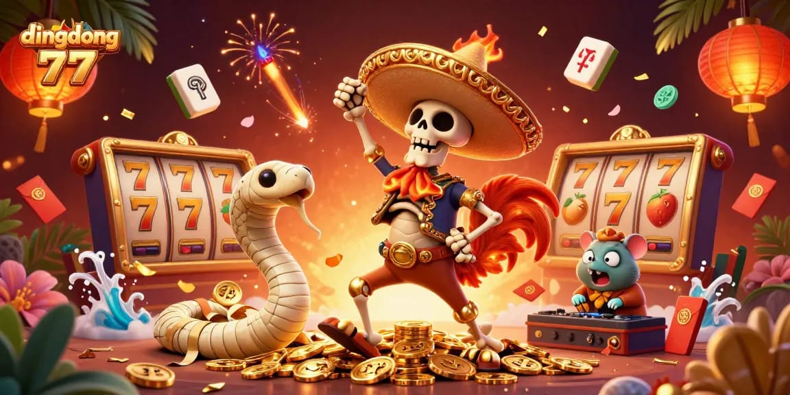 Experience thrilling wins at dingdong 77 with vibrant slots, golden coins, and dynamic 3D characters.