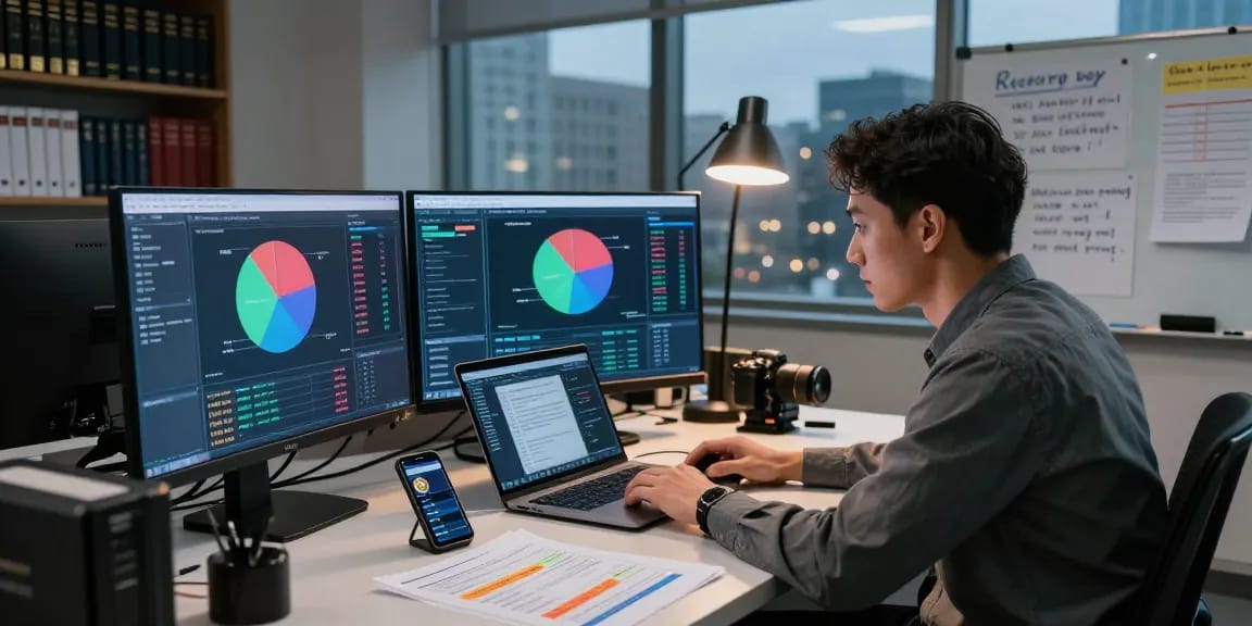 Investigator analyzing data to recover stolen cryptocurrency in a high-tech office