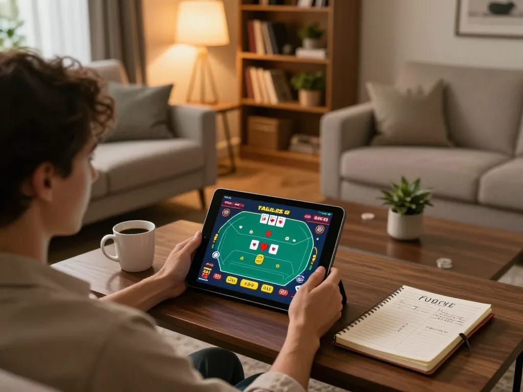 Engaging online gaming with SIN88 on a tablet in a cozy home environment, showcasing strategic play and responsible gambling.