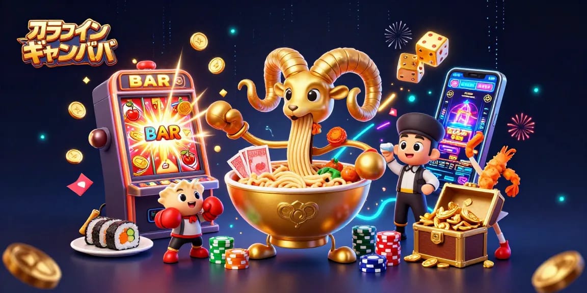 オンライン ギャンブルを楽しむために、おいしいラーメンキャラクターがカードを配り、宝箱から金貨があふれる歓喜の瞬間のアニメ風イラスト。