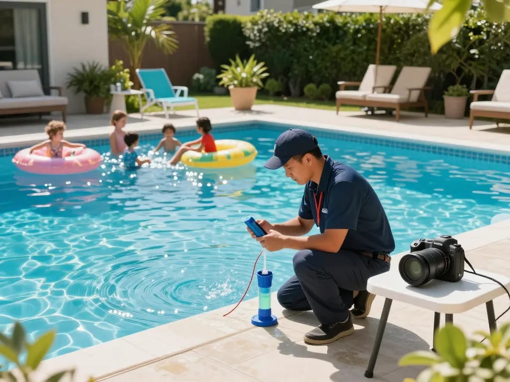 Dolphin Pool Services technician inspecting pool quality in sunny backyard.