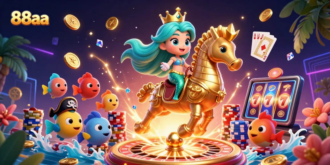 Engage in thrilling gaming adventures with 88aa's vibrant casino scene featuring mermaids and treasures.