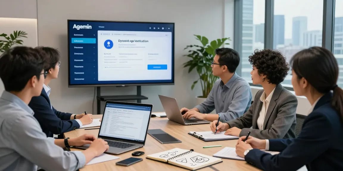 Team demonstrates an innovative age verification system in a modern office environment, showcasing collaboration and technology.