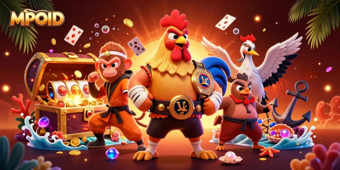 MPOID showcases a dynamic gaming scene with characters and elements emphasizing online casino excitement.