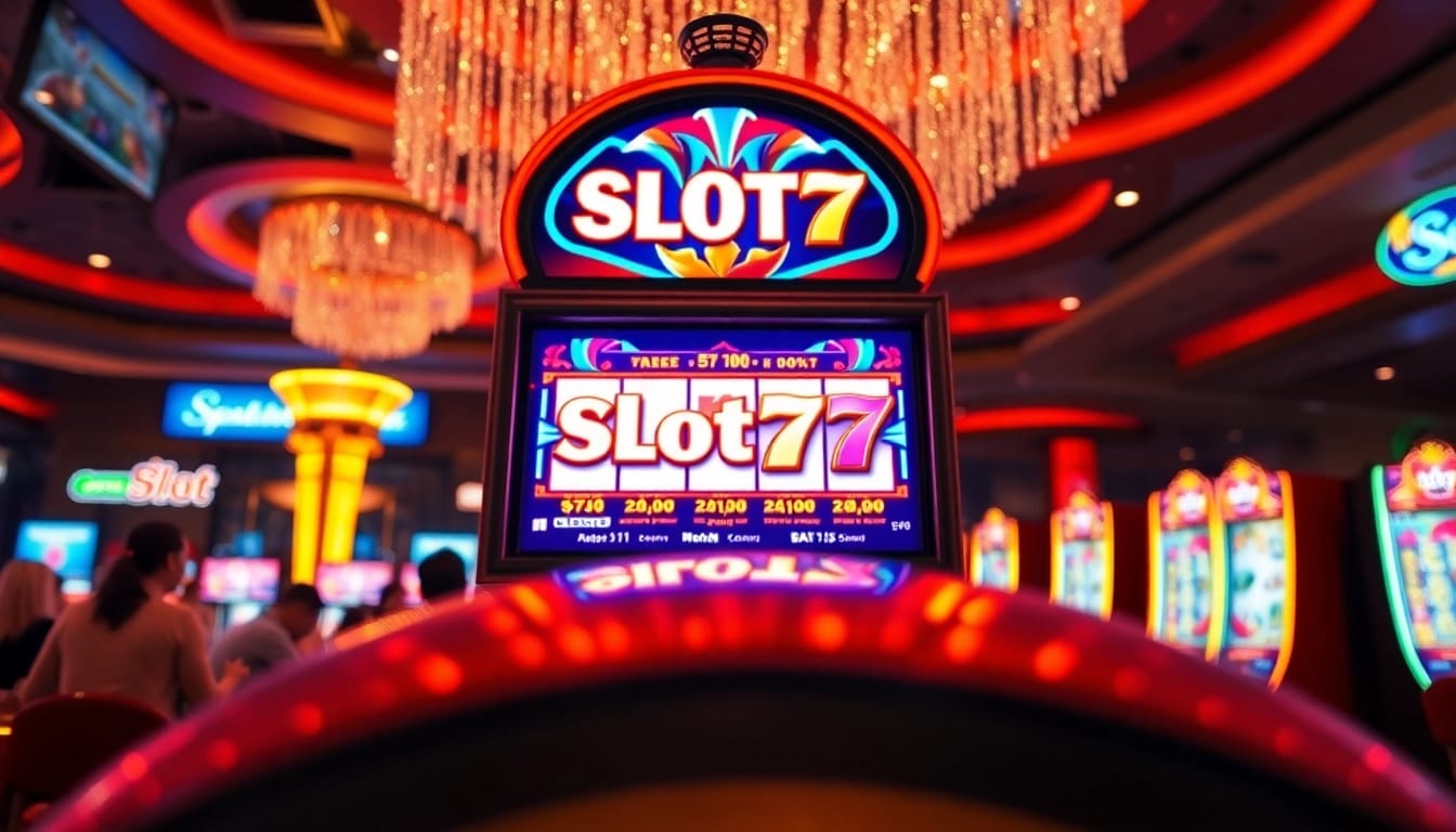 Mainkan Slot77 dengan mesin slot cerah dan penuh warna di tengah atmosfer kasino yang ramai.