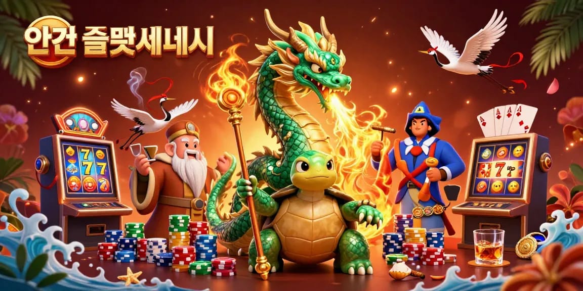 안전 슬롯사이트에서 황금 불을 내뿜는 거대한 제이드 드래곤과 함께 슬롯 머신으로 가득한 장면을 만끽하세요.