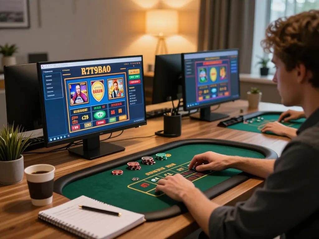 Player engaging with online casino app on multiple screens, showcasing immersive 8xx gaming experience.