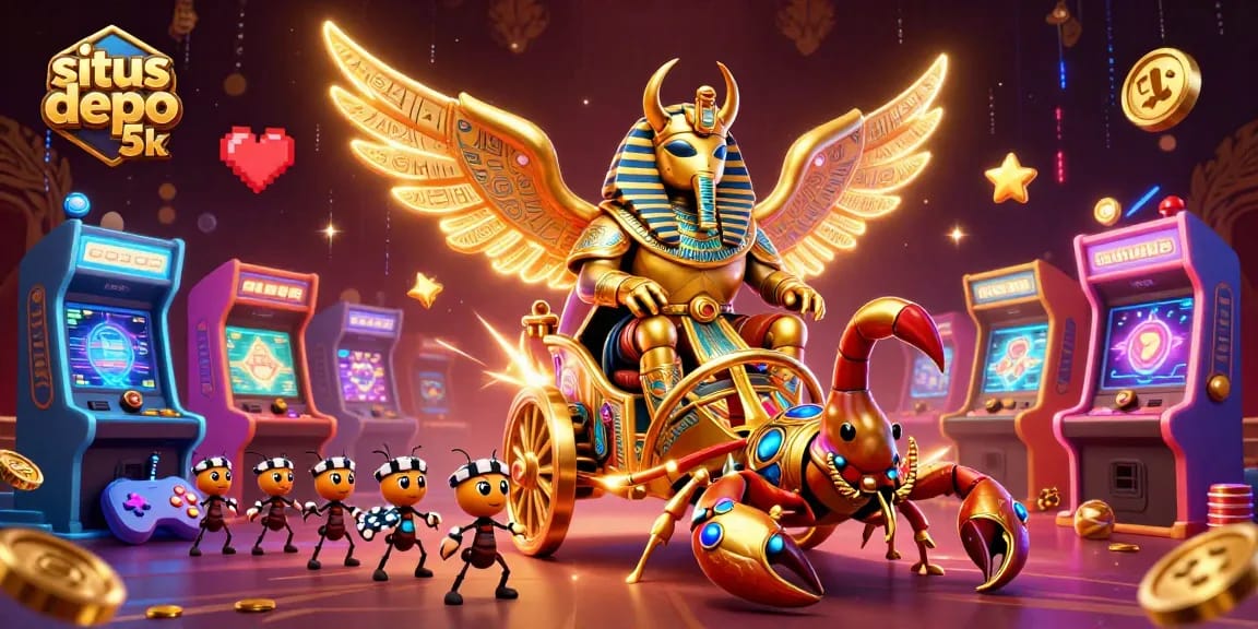 Slot depo 5k: ilustrasi 3D menggambarkan karakter unik dan mesin permainan yang memikat untuk menarik pemain.