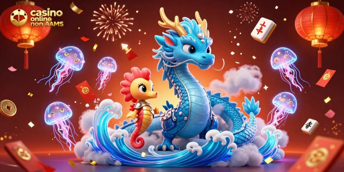 Interagisci con giochi entusiasmanti presso i casino online non AAMS con un drago d'acqua azzurra e meduse al neon.