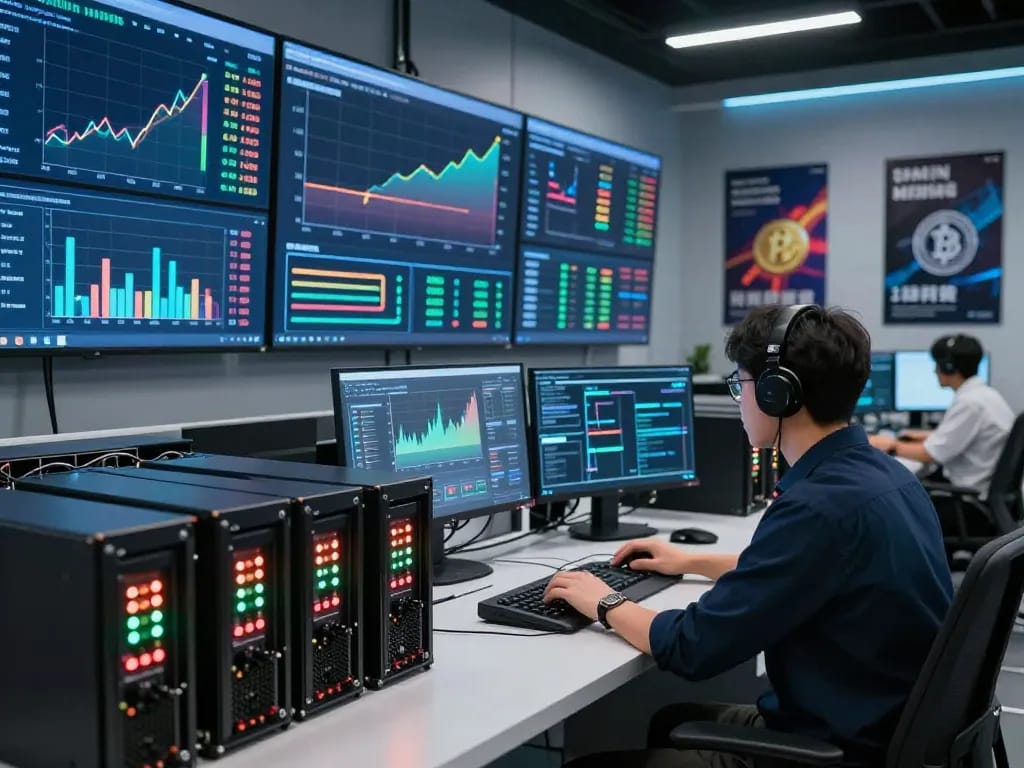 Expert monitoring the best cloud mining website performance metrics in a high-tech workspace.