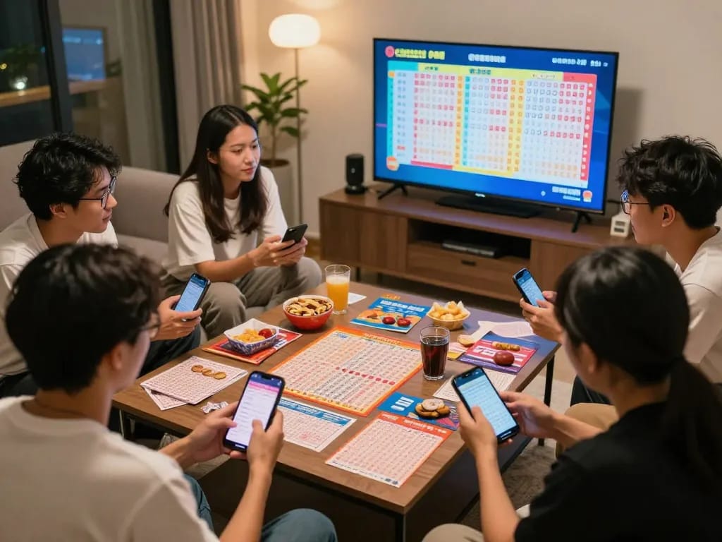 Keluaran HK results being checked by friends in an engaging lottery party atmosphere.