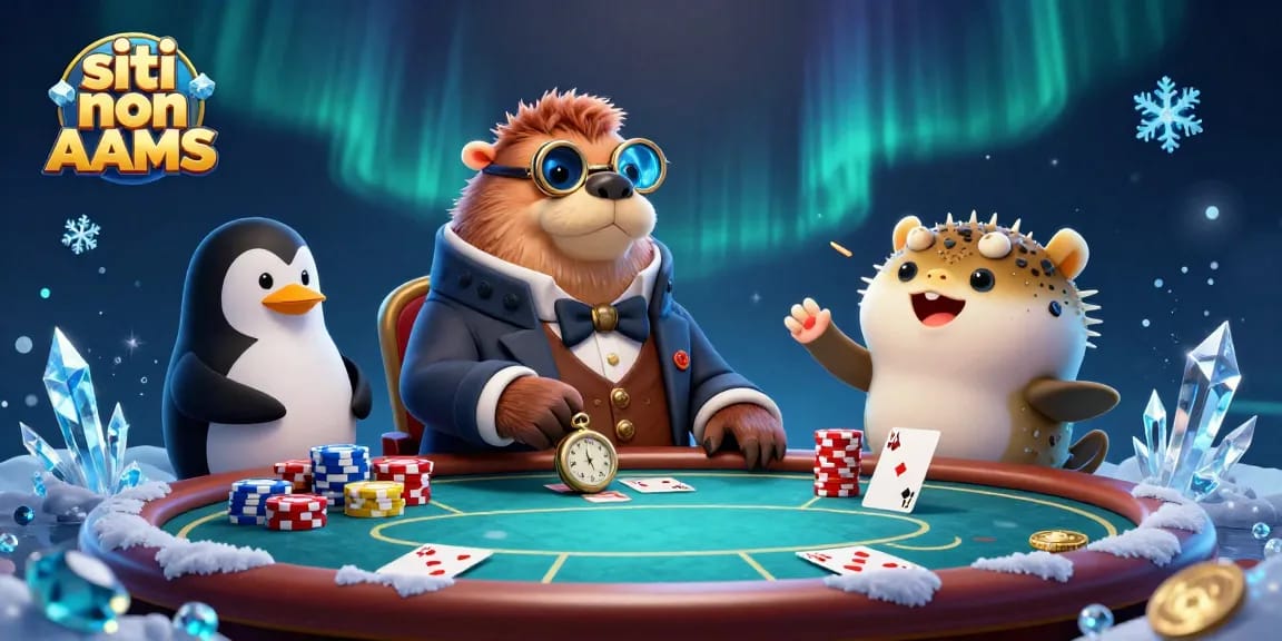 Scopri un'azione di poker entusiasmante con siti non AAMS che presentano una foca jolly e un dealer sofisticato in una vivace scena sottomarina.