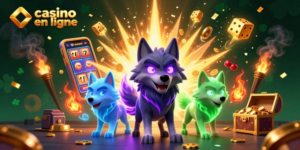 Gagnez aux jeux de casino en ligne avec des personnages captivants entourés de machines à sous et d'effets lumineux.