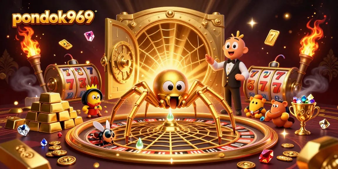 Pondok969 slot web scene with a golden spider and a centipede croupier among treasure and slot elements.