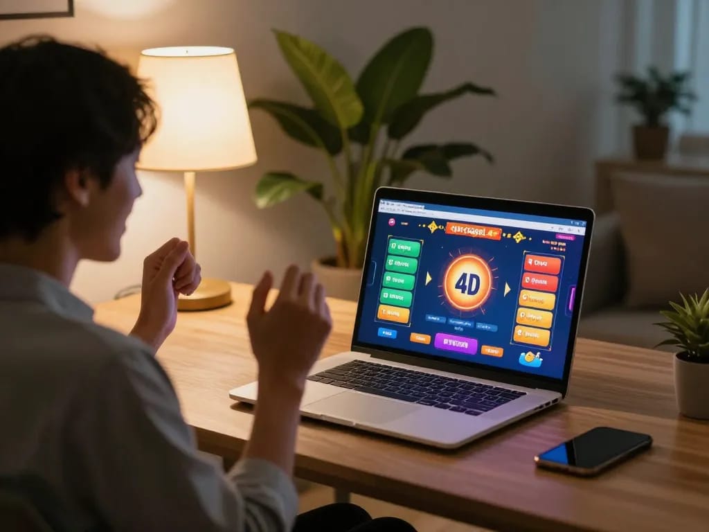 Engaging player enjoying toto togel 4D game on laptop, cozy home gaming ambiance.