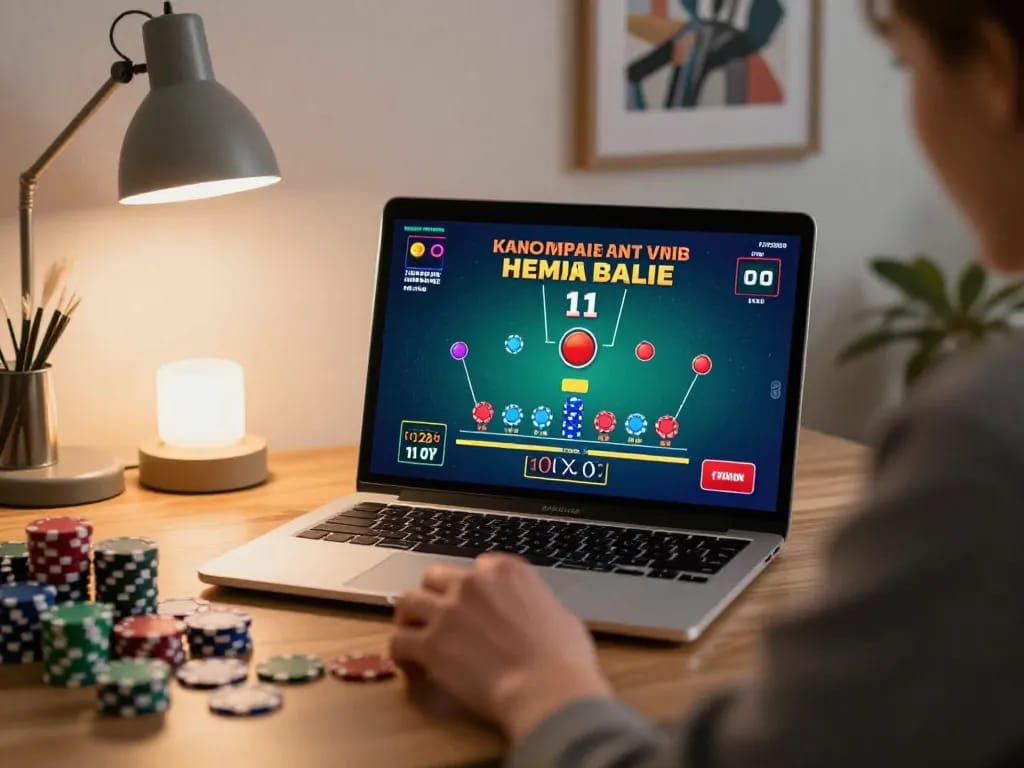 MM88 player strategizing at home during online blackjack session with colorful chips