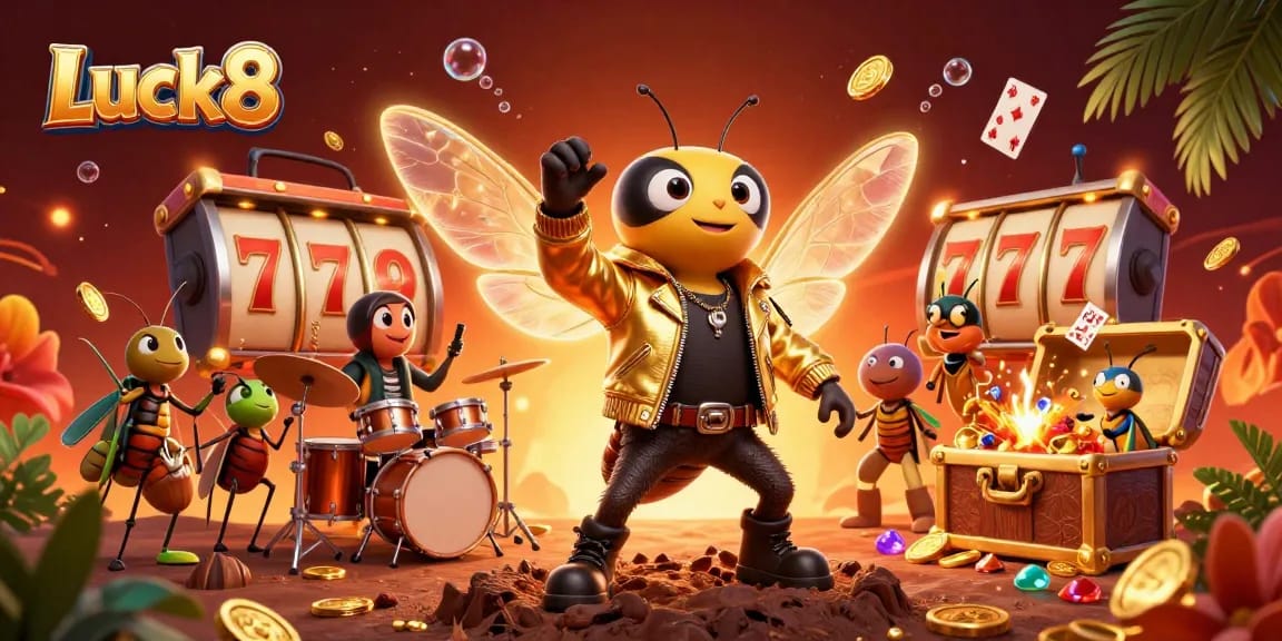 Luck8 themed 3D illustration featuring a cicada rock star with slot reels and jackpot elements, creating casino excitement.