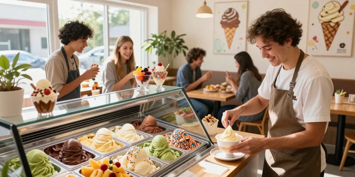 Delicious rokok88 ice cream flavors displayed in a cozy dessert shop.