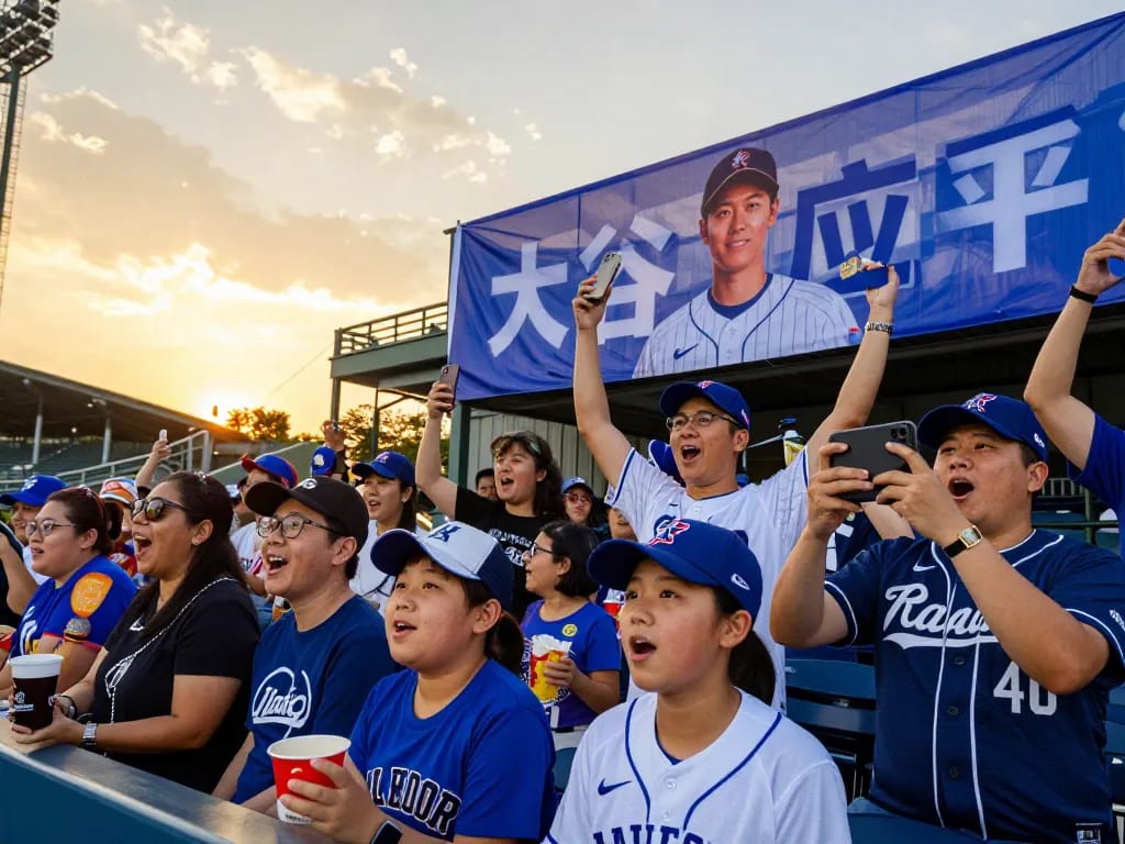 スタジアムで応援するファンたちが大谷翔平を応援し、野球の試合の興奮を祝っています。