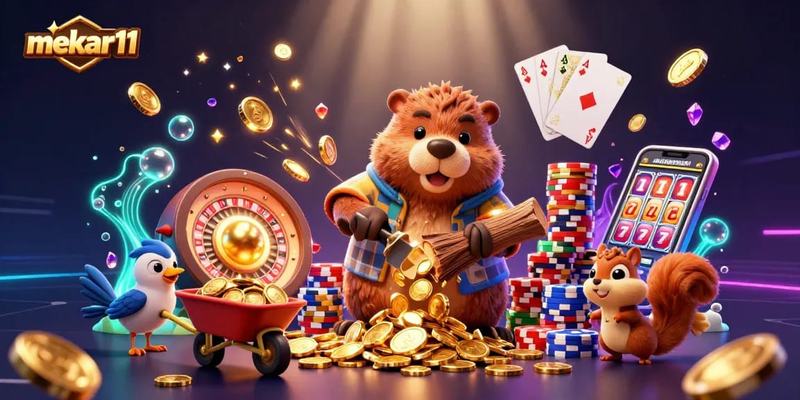 Spin and win at mekar11 with a vibrant casino scene featuring animated characters collecting coins and gems.