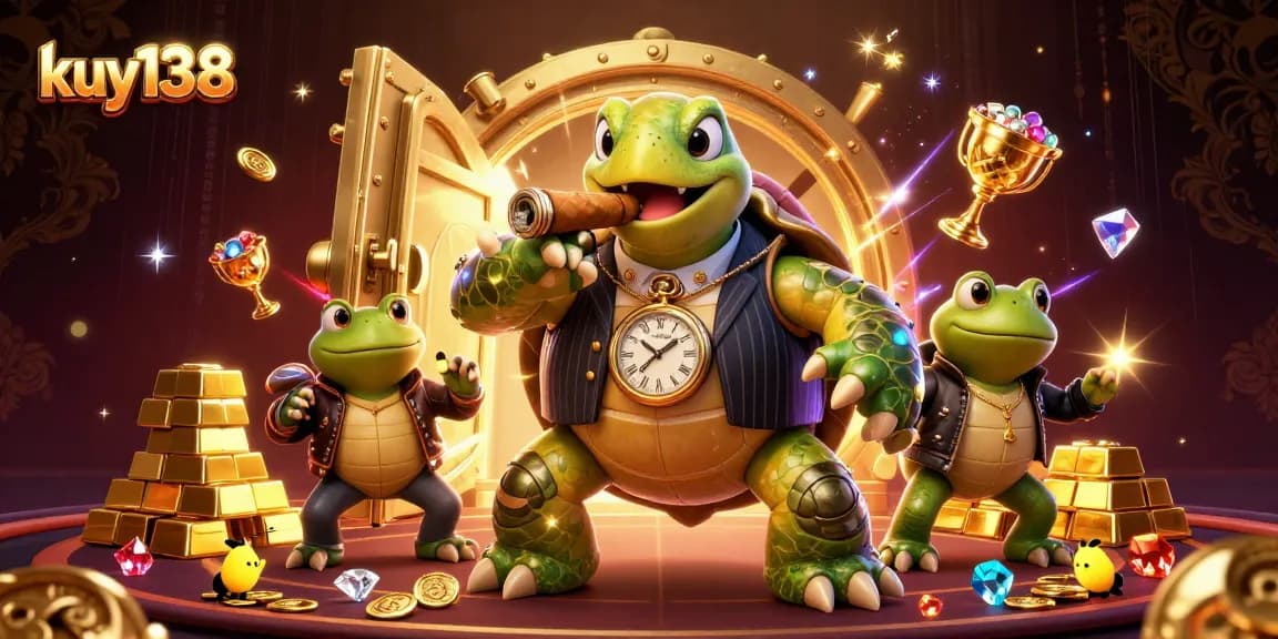 Gambarkan kuy138 dengan penyu raksasa dan katak dalam dunia kasino yang gemerlap.