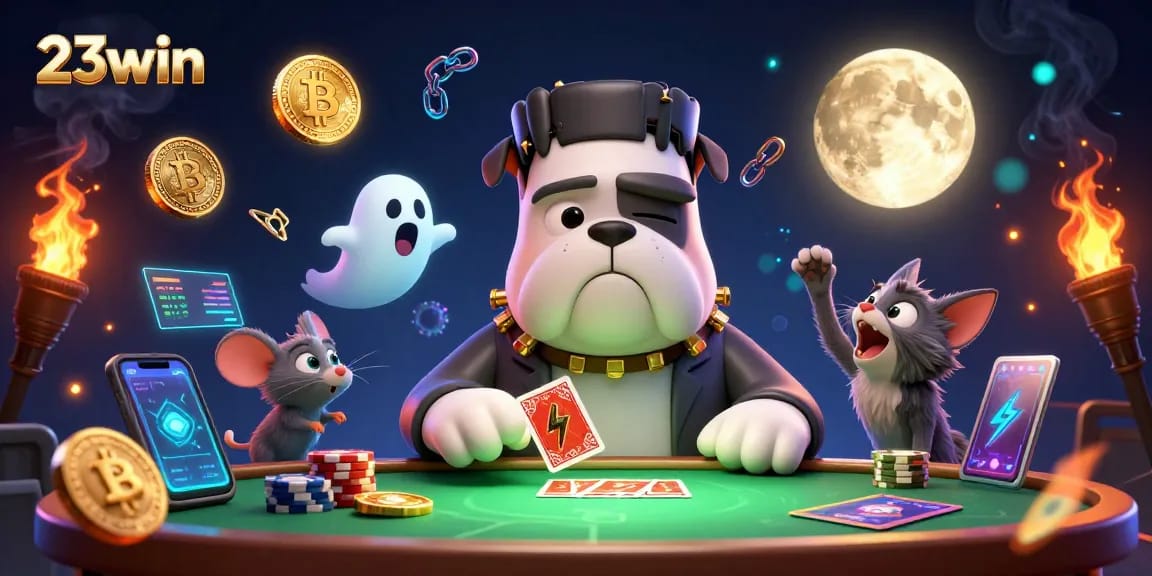 Engage with 23win's thrilling casino experience amidst vibrant 3D illustrations of game elements.