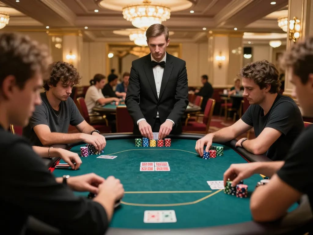 Players enjoying intense poker gameplay at nk88 online casino table under elegant lighting
