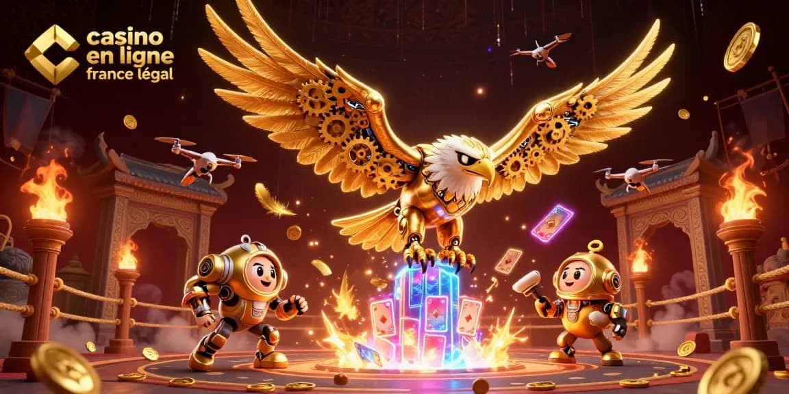 Jouez aux jeux dans un casino en ligne France légal, avec des cartes holographiques et un aigle doré.