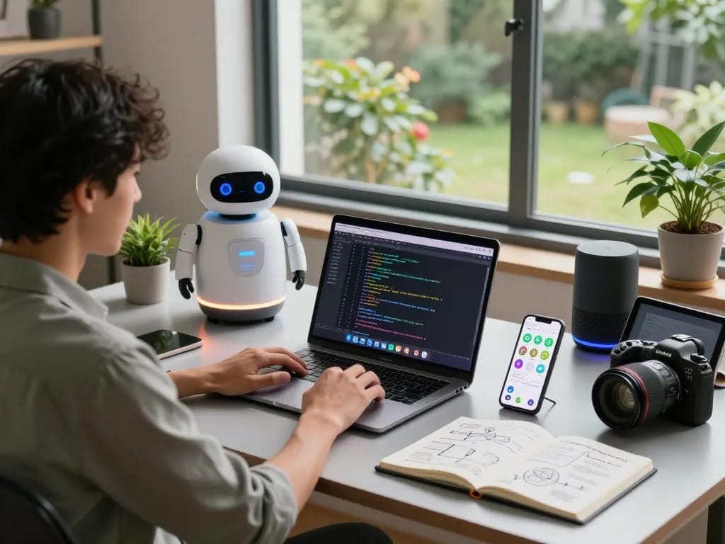 Clawdbot personal AI assistant on a modern desk with productivity tools and messaging apps.