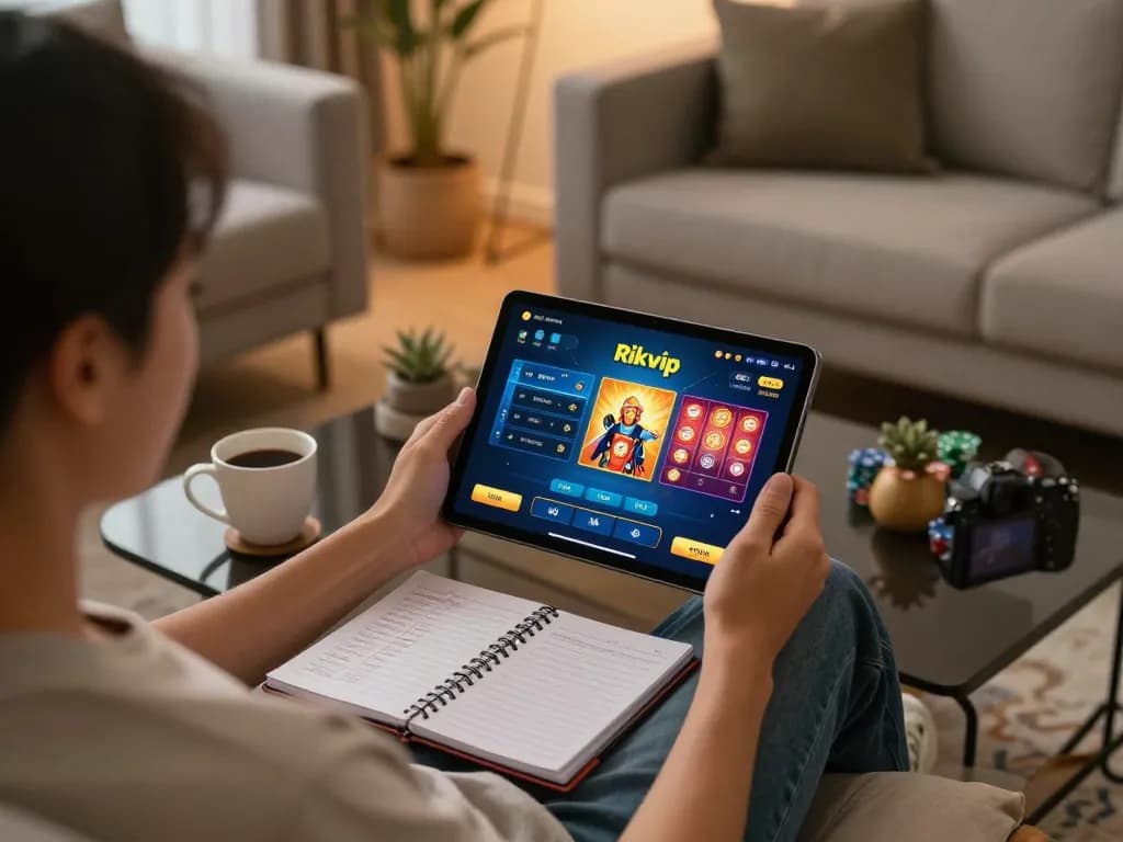 Player engaging in rikvip online gaming on a tablet, showcasing vibrant game interface and strategic atmosphere.