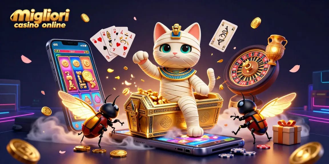 Gioca nei migliori casino online con slot e giochi da tavolo, in un'illustrazione animata.
