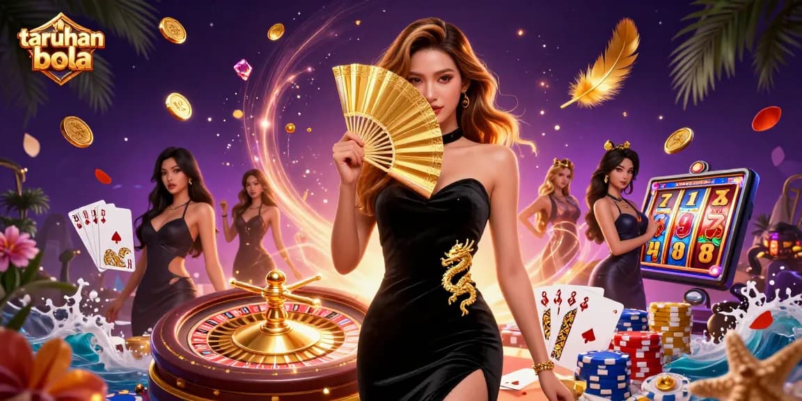 Experience taruhan bola excitement with a stunning Asian woman in a luxurious casino scene.