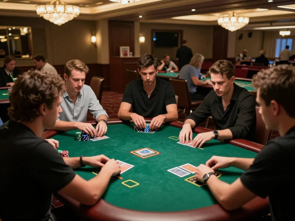 Players strategizing their bets in a competitive 3win poker game at an upscale casino.