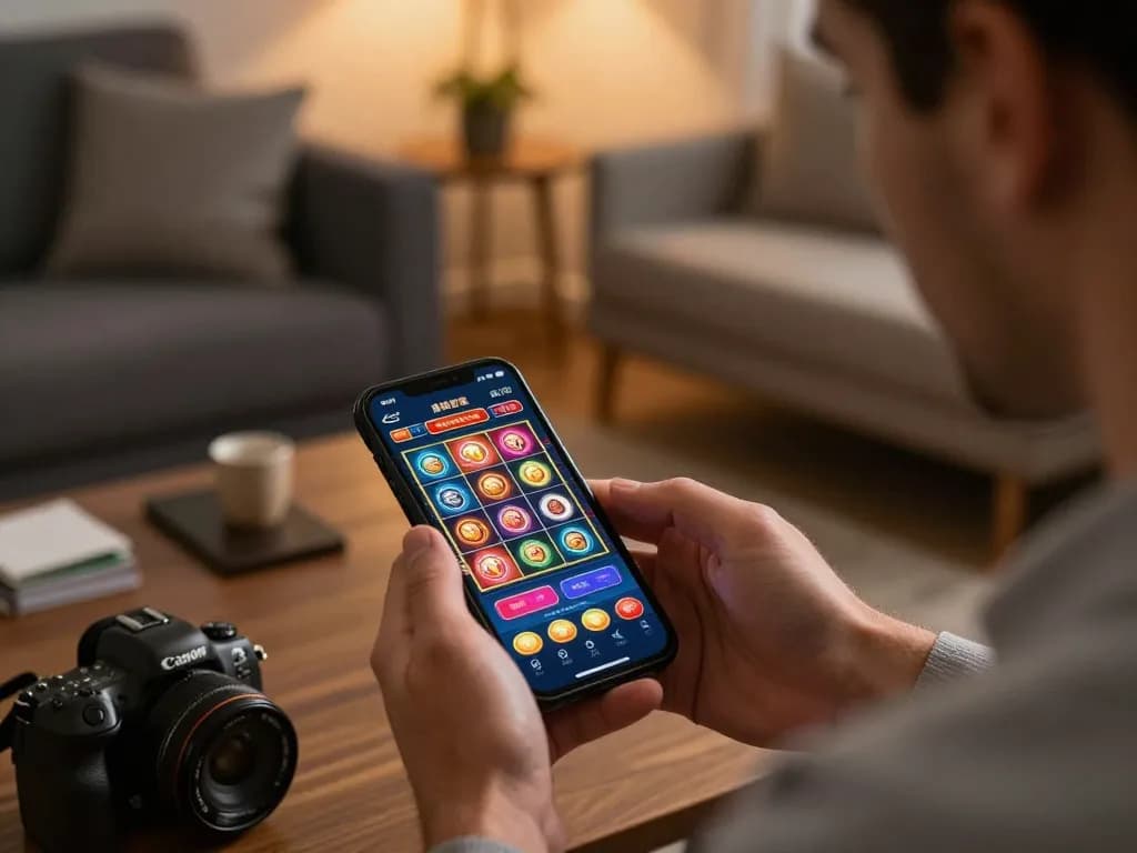 Player using iWin app on smartphone for exciting online casino gameplay.