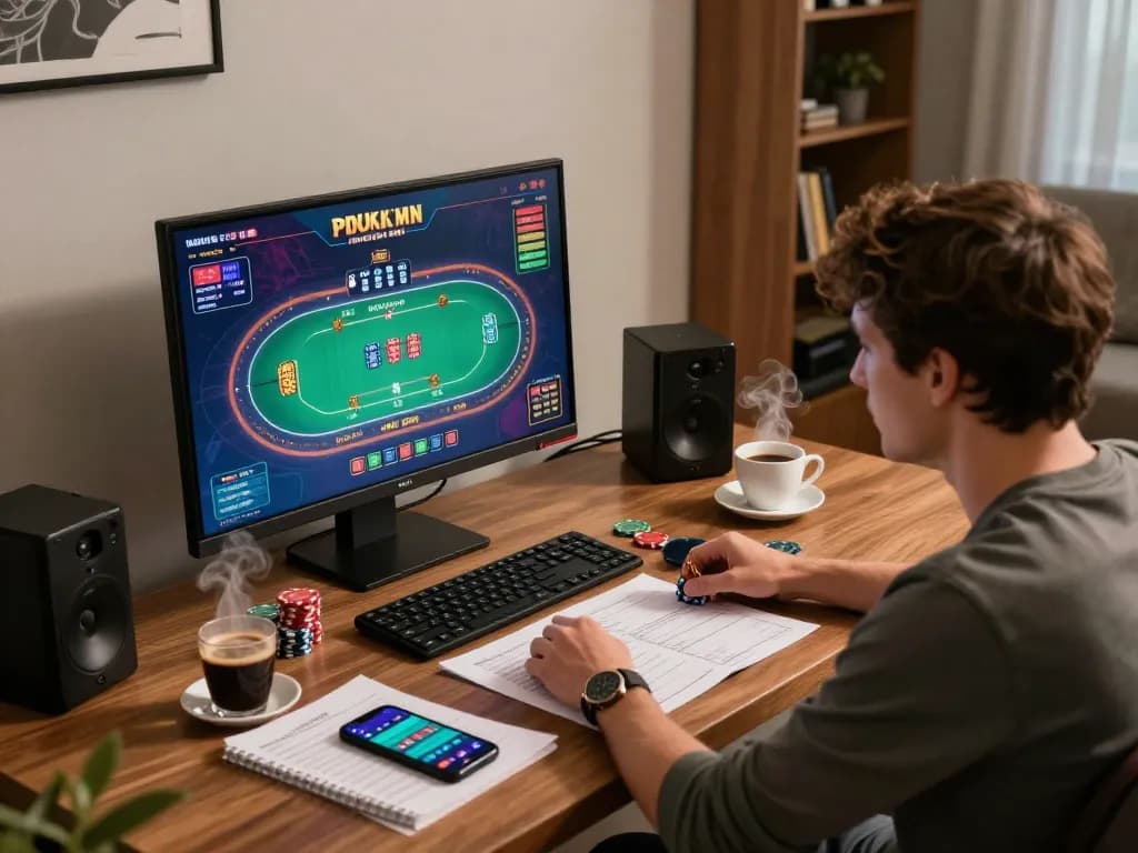 Engaged player using a tablet at home for online poker on uu88, showcasing strategic gameplay.