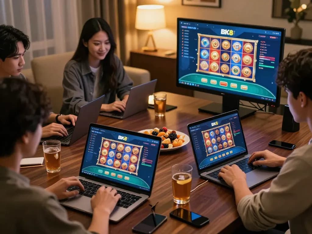Players enjoying thrilling online games on BK8 casino app in a cozy gaming setup.