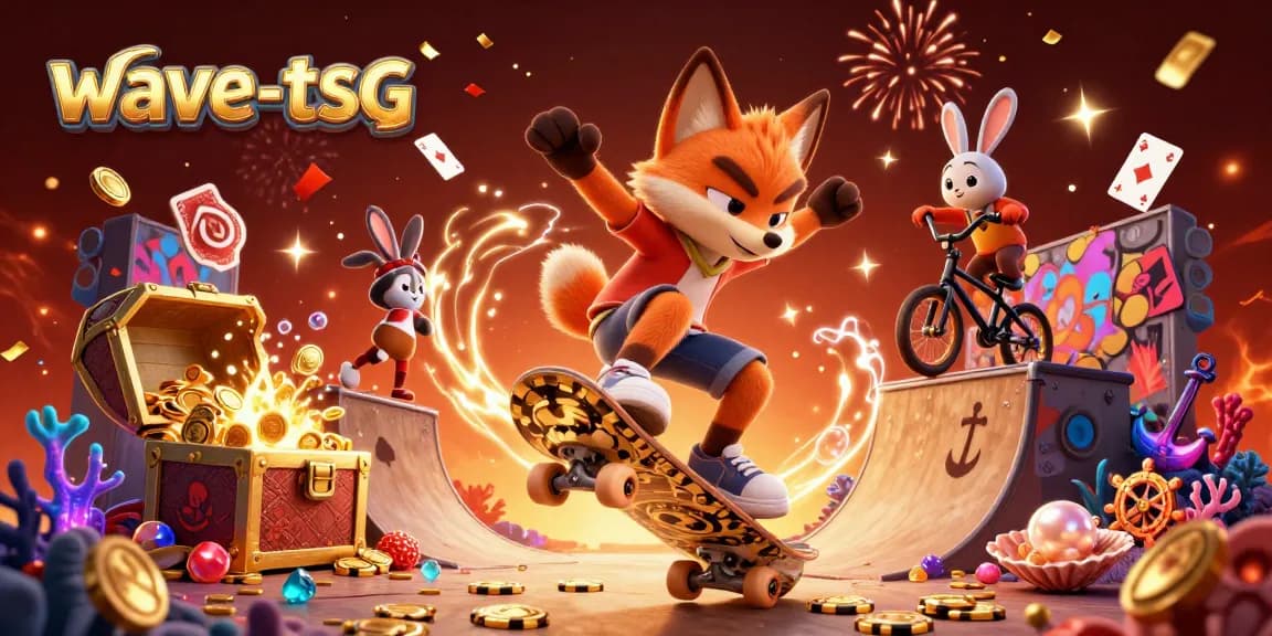 Join the wave-tsg action with vibrant casino-themed 3D illustration featuring dynamic characters and elements.