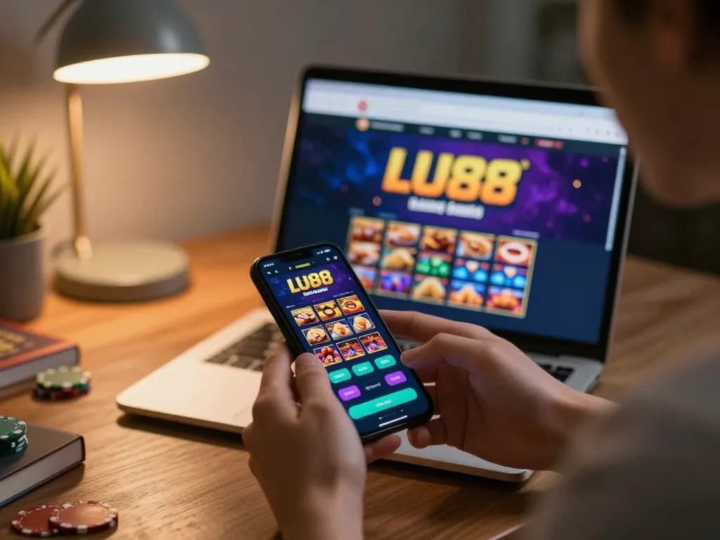 Engaging with the LU88 casino app on a smartphone, showcasing modern online gambling.