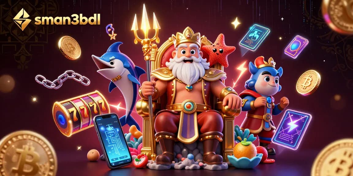 Permainan slot sman3bdl dengan Raja Laut dan elemen kasino berwarna cerah.